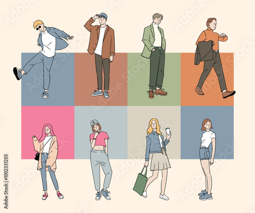 Illustration of diverse young people with various poses, styles and outfits.