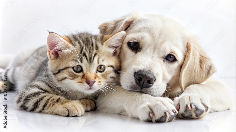 Adorable Puppy and Kitten Together on White Background Adorable Puppy and Kitten Together on White Background