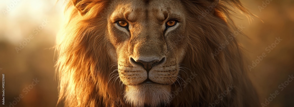 Fototapeta premium Majestic lion portrait with a rich golden mane against a warm sunset backdrop, showcasing the beauty of wildlife.