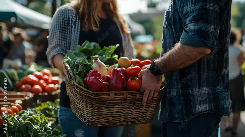 Fototapeta premium Fresh Organic Produce at a Vibrant Farmers Market: Colorful Fresh Vegetables in a Basket