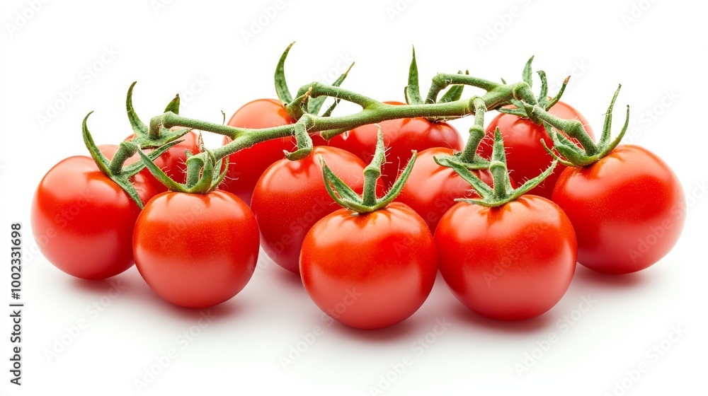 Fresh, Ripe Cherry Tomatoes Clustered on a Vine Against a Clean, White Background Fresh, Ripe Cherry Tomatoes Clustered on a Vine Against a Clean, White Background