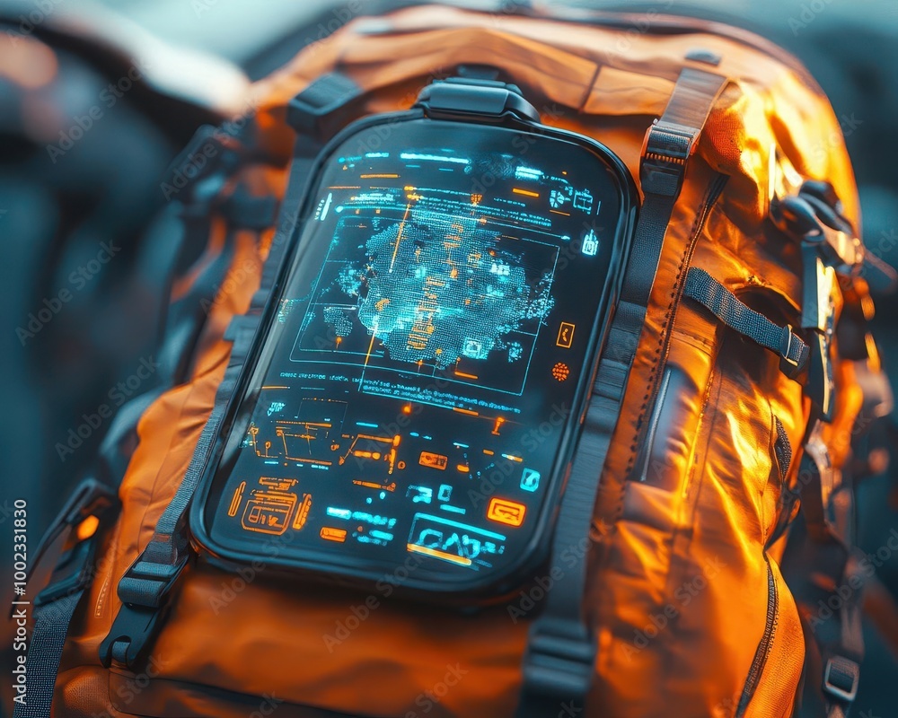 Travel essentials in a futuristic backpack, with holographic navigation devices and eco-friendly tech Futuristic Hologram Minimalist Travel essentials in a futuristic backpack, with holographic navigation devices and eco-friendly tech Futuristic Hologram Minimalist
