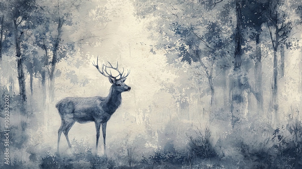 A painting depicts a deer standing amidst the misty forest, with a hazy tree line in the background A painting depicts a deer standing amidst the misty forest, with a hazy tree line in the background