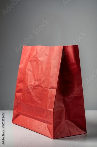 Simple empty blank red craft shopping recycled paper bag standing isolated against a light background. Studio shot cardboard packaging mockup template design. 