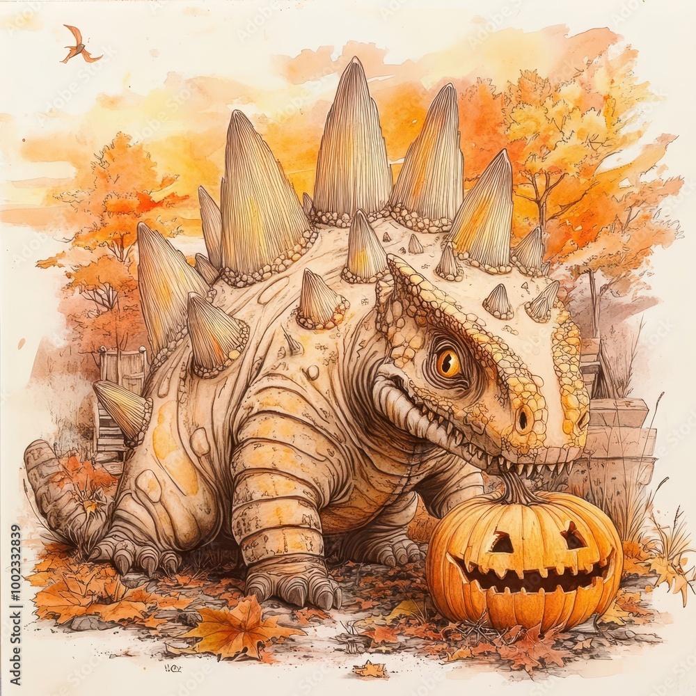 Fototapeta premium Dinosaur with Pumpkin in Autumn Forest Watercolor Illustration