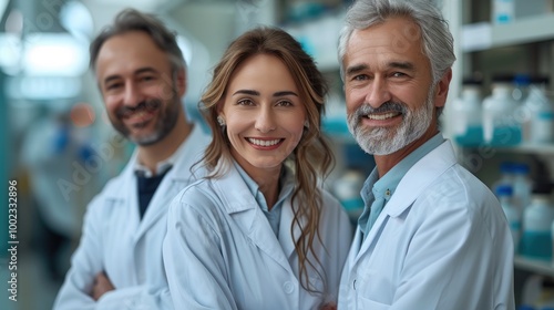 Three happy middle-aged male and female scientists in white lab coats standing next to each other, inside an advanced laboratory.