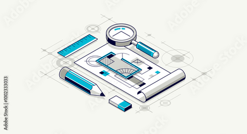 Engineering project concept, paper document blueprint engineer work vector 3D isometric illustration, abstract draft drawing, cad technical plan.