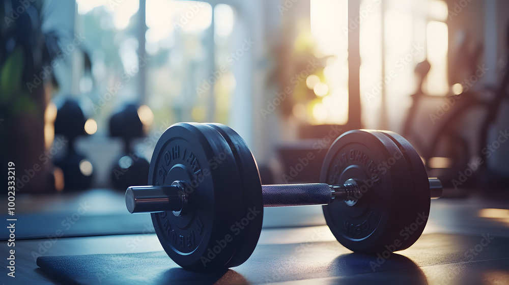 High-Quality Dumbbell on a Gym Mat in a Bright Fitness Studio for Home Workouts and Strength Training High-Quality Dumbbell on a Gym Mat in a Bright Fitness Studio for Home Workouts and Strength Training