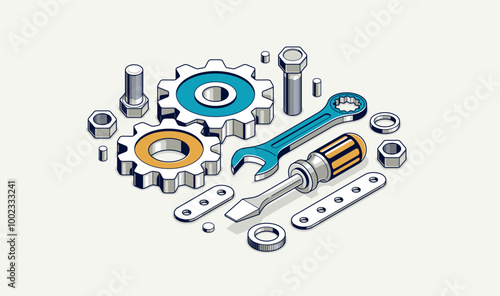 Repair and maintenance concept, technics service, gears and tools in 3D isometric projection vector illustration, technical mechanical workshop.