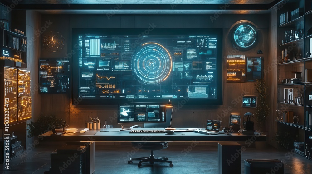 Work-life balance in a modern home office, with holographic screens displaying tasks and wellness tips Futuristic Hologram Minimalist Work-life balance in a modern home office, with holographic screens displaying tasks and wellness tips Futuristic Hologram Minimalist