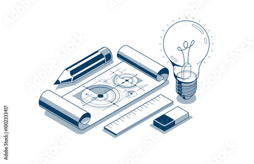 Creative engineering idea concept, light bulb with pencil and engineer blueprint plan 3D isometric vector design, engineering project, education and learning, invention and solution concept.