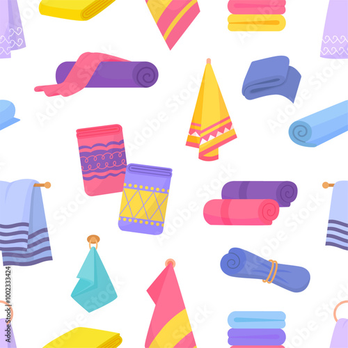 Cartoon vibrant towels. Seamless pattern with towel for bathroom and kitchen. Hygiene napkins, fabric rolls and piles. Decorative vector background