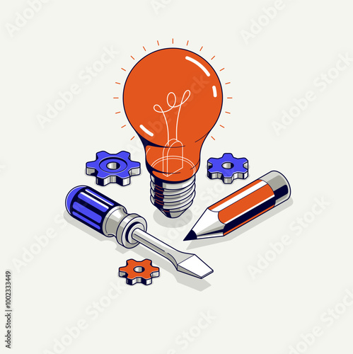 Innovation, invention and solution concept, light bulb with gear vector 3D isometric illustration or icon, technology and technics, mechanical engineering.