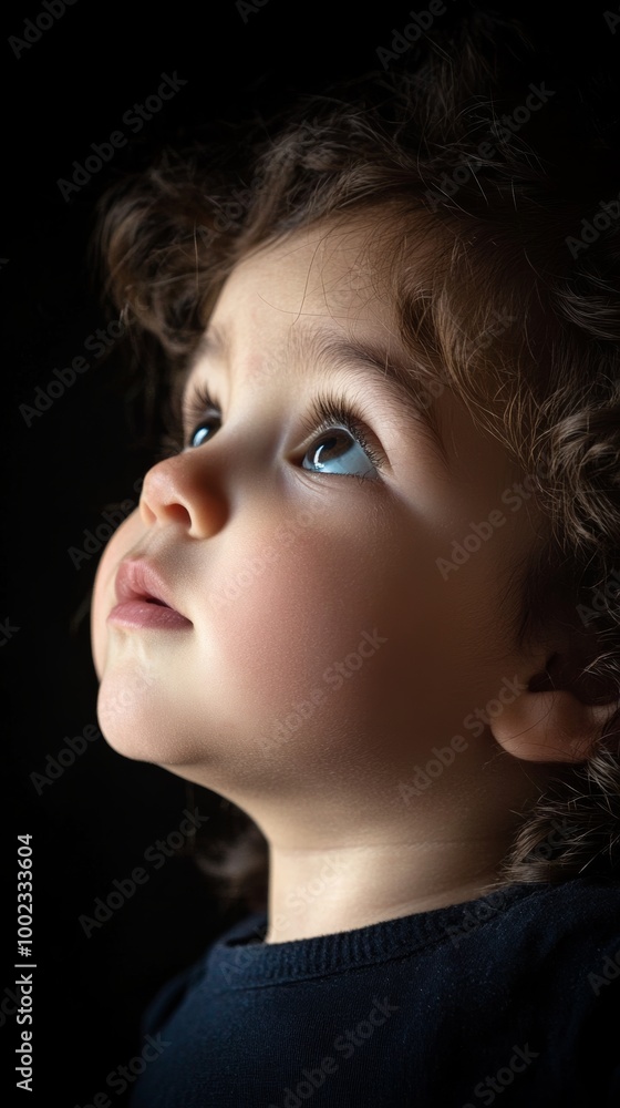 Little child looking up in dark studio Little child looking up in dark studio
