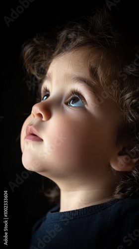 Little child looking up in dark studio