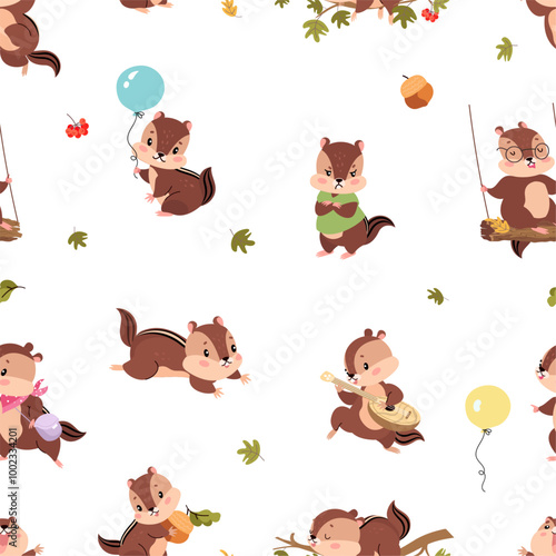 Cute cartoon chipmunks seamless pattern. Chipmunk with leaf, balloon, musical instrument. Funny animals fabric print design, vector background