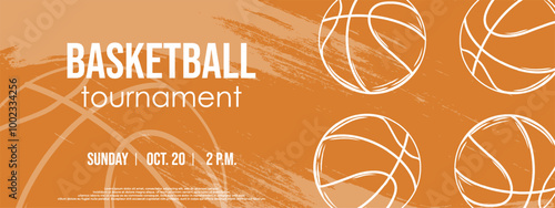 Basketball sport invitation flyer on basketball tournament. vintage grunge card with balls. Creative background for competition announcement. vector championship ticket.