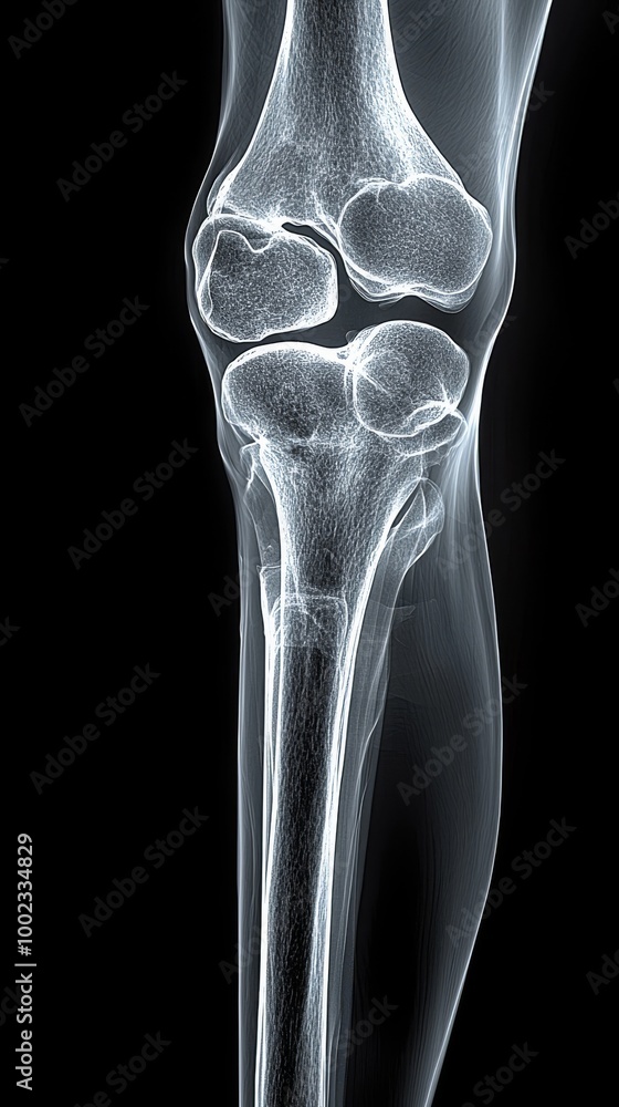 An X-ray of a Human Knee Joint Highlighting the Bones and Cartilage in Detail Against a Dark Background An X-ray of a Human Knee Joint Highlighting the Bones and Cartilage in Detail Against a Dark Background