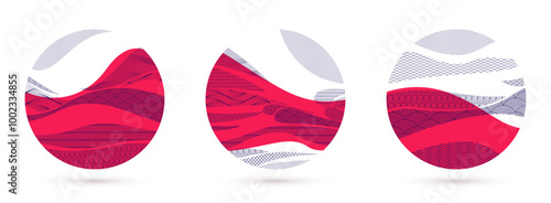 Oriental Japanese style vector abstract illustrations set in red color in a shape of circle, backgrounds in Asian traditional style, wavy shapes and mountains terrain, runny like sea lines.