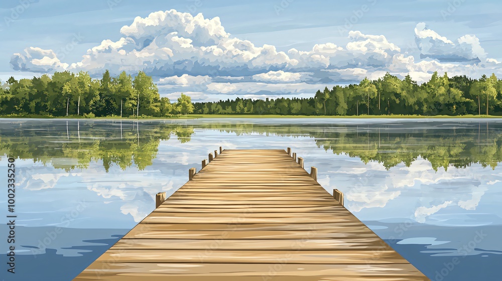Fototapeta premium A wooden pier extends out into a calm lake with lush green trees on the horizon under a bright blue sky with fluffy white clouds.