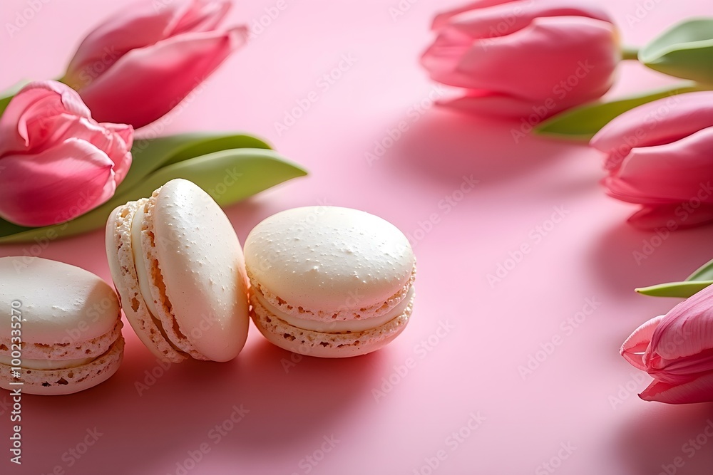 Gift for International Women s Day celebration delightful macaroons and tulip flowers on a pink background close up. Copy space image. Place for adding text and design Gift for International Women s Day celebration delightful macaroons and tulip flowers on a pink background close up. Copy space image. Place for adding text and design