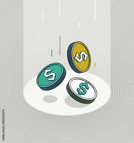 Income concept poster, coins falling down vector icon style illustration, revenue and interest metaphor, passive income.