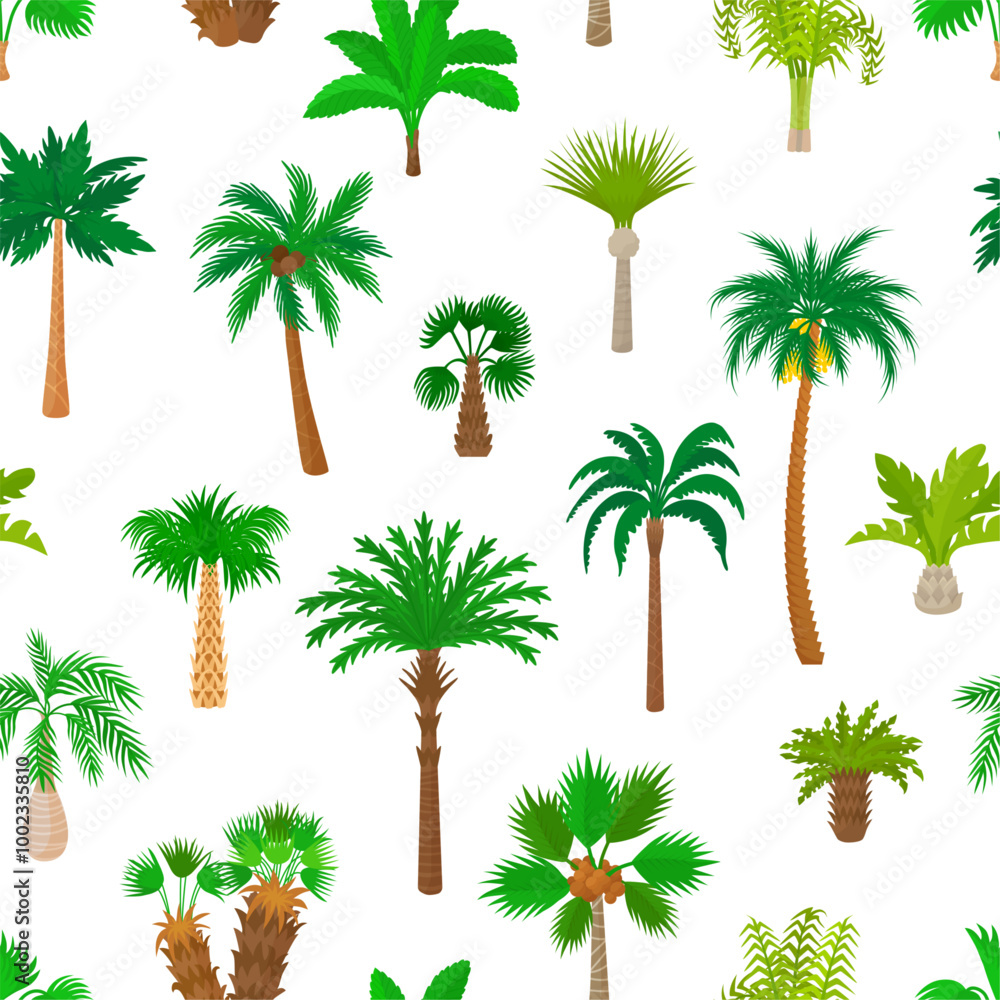 Obraz premium Palm trees seamless pattern. Tropical tree, green plants flat design. Exotic forest fabric print, wrapping paper template, vector background