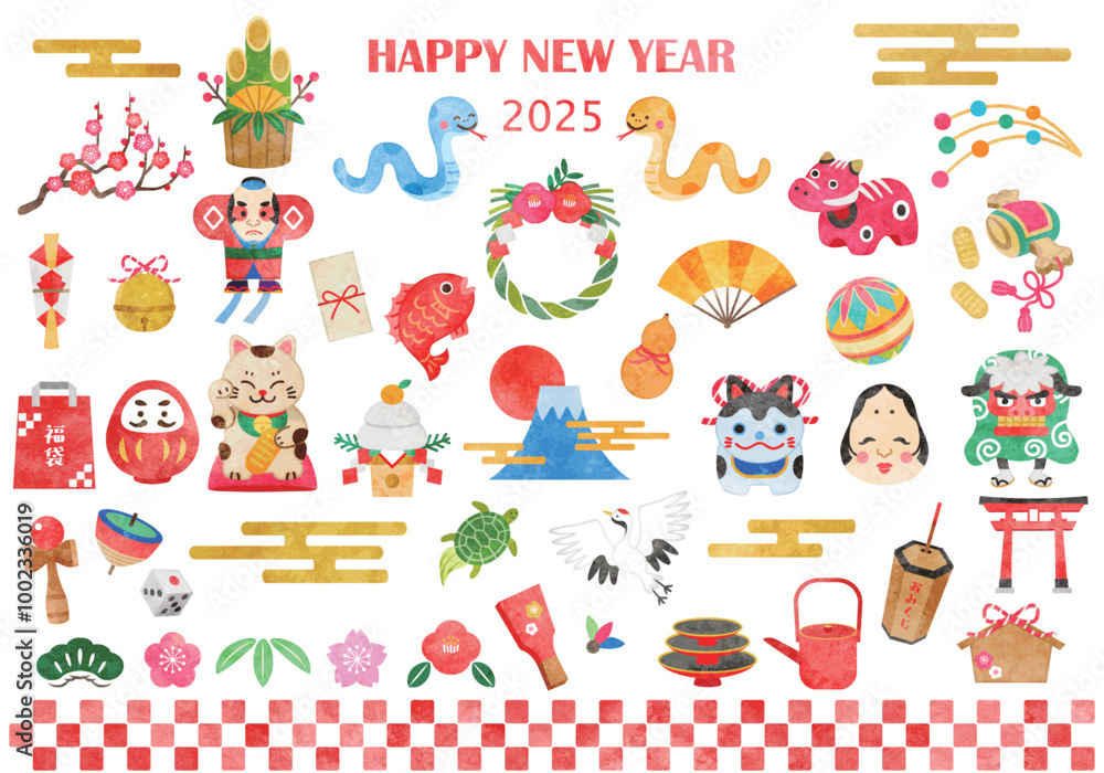 Fototapeta premium 2025年（巳年） お正月アイコンイラストセット 手書き水彩風 