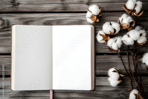 Open notebook and cotton flower on a wooden background mock up Blank sketchbook idea jotting planning home office freelance artwork High quality photo. Copy space image