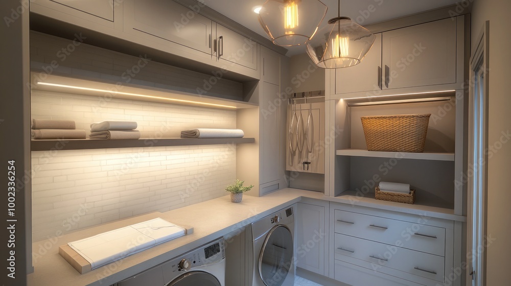 Fototapeta premium A contemporary and functional laundry room with a built-in folding station