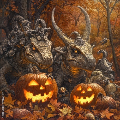 Halloween Dinosaurs with Jack O Lanterns in Autumn Forest