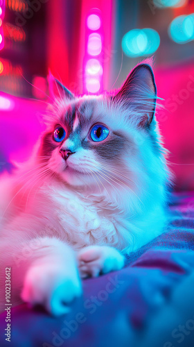 a beaıtiful ragdoll cat with blue eyes, sitting on couch neon colors photohraph