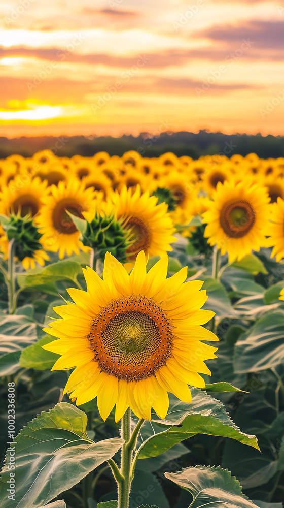 Obraz premium A breathtaking field of sunflowers stretches toward the horizon, bathed in the warm, golden light of sunset