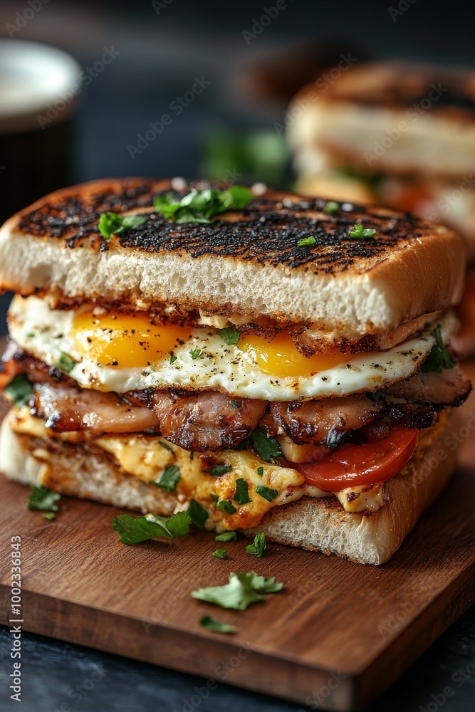 Delicious Breakfast Sandwich With Eggs, Bacon, and Fresh Herbs on a Wooden Board Delicious Breakfast Sandwich With Eggs, Bacon, and Fresh Herbs on a Wooden Board