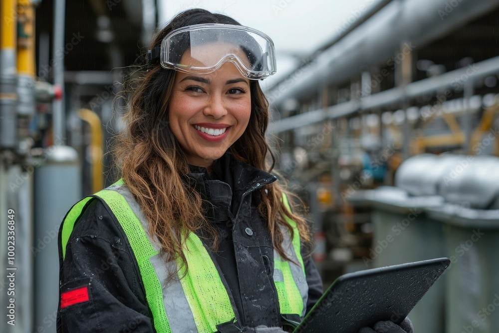 Female Industrial Worker in Safety Gear Holding a Tablet Female Industrial Worker in Safety Gear Holding a Tablet