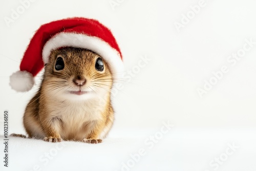 Close-up of a cute squirrel wearing a Santa hat and looking at the camera.