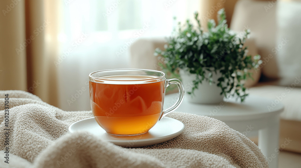 A cup of tea sits on a white plate on a bedspread. The tea is hot and the cup is clear. The scene is cozy and relaxing, with a potted plant nearby A cup of tea sits on a white plate on a bedspread. The tea is hot and the cup is clear. The scene is cozy and relaxing, with a potted plant nearby
