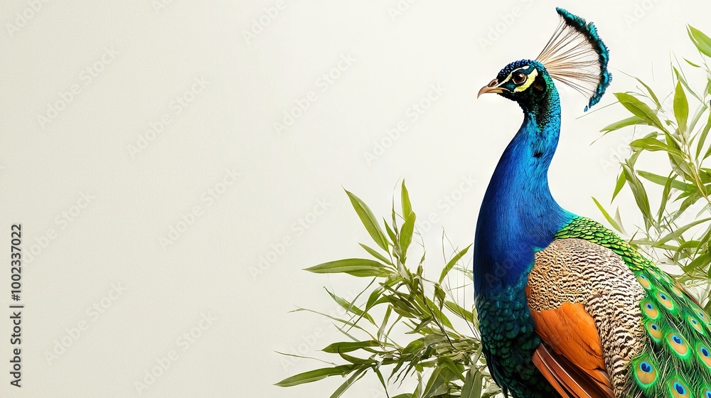 Fototapeta premium A peacock perched on a leaf-filled forest's edge, surrounded by lush greenery