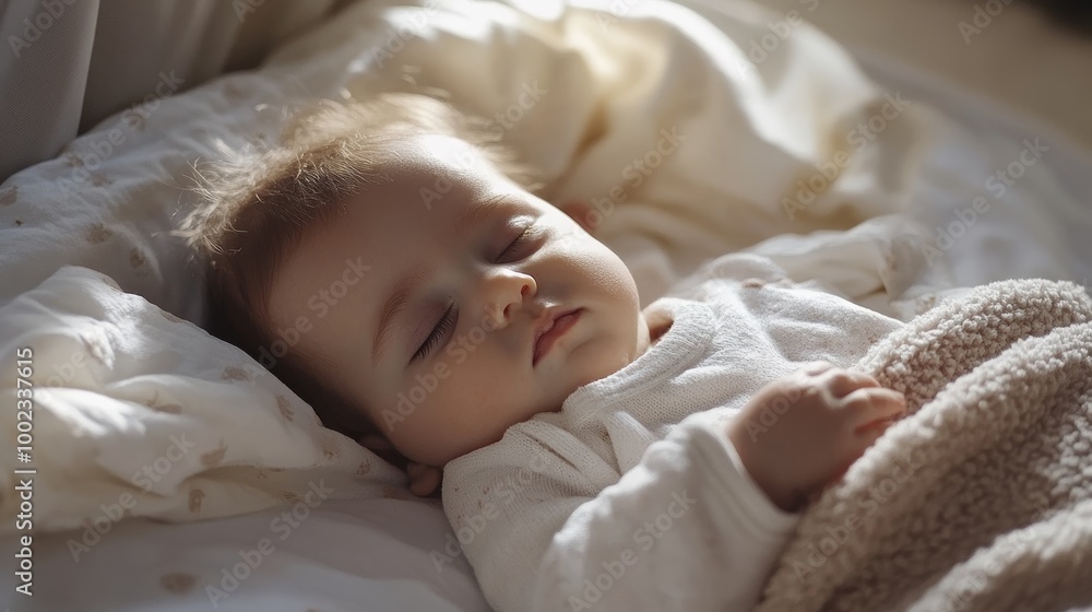 Serene baby sleeps peacefully in a white bed bathed in soft sunlight, showcasing the tranquility and innocence of infant slumber Serene baby sleeps peacefully in a white bed bathed in soft sunlight, showcasing the tranquility and innocence of infant slumber