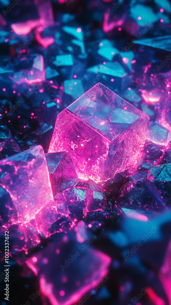 A colorful abstract design with neon pink and electric blue shapes scattered on a dark background A colorful abstract design with neon pink and electric blue shapes scattered on a dark background