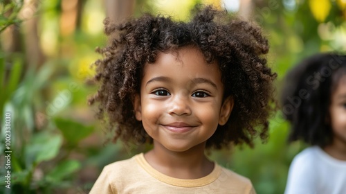 A joyful child with curly hair smiles in a vibrant green setting, capturing the essence of happiness and innocence in nature.