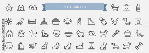 pet line art icon set, domestic animals, collar bed bowl leash