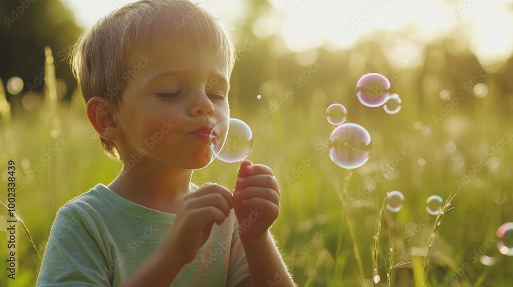 Young boy in green shirt blowing soap bubbles in a sunlit meadow, capturing the essence of childhood wonder and outdoor play Young boy in green shirt blowing soap bubbles in a sunlit meadow, capturing the essence of childhood wonder and outdoor play