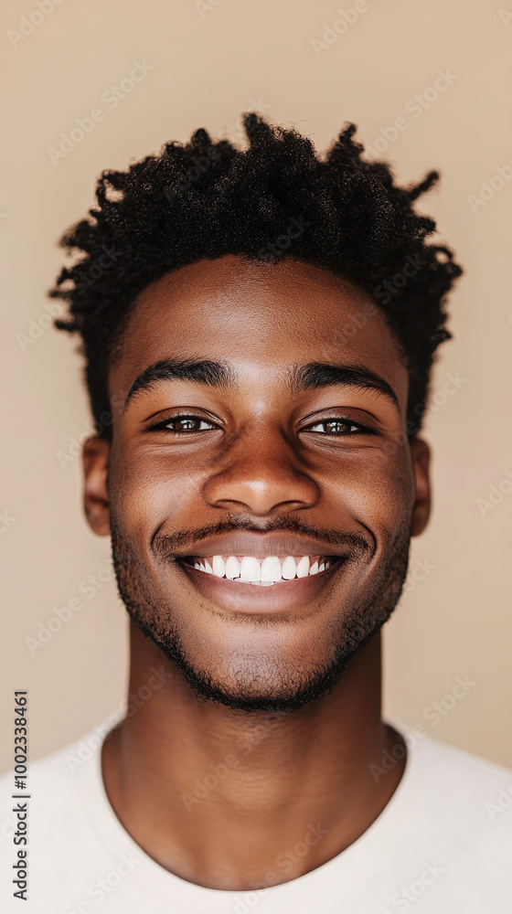 A front portrait of a young African man, smiling, centered, short curly black hair, dark brown skin, plain beige background A front portrait of a young African man, smiling, centered, short curly black hair, dark brown skin, plain beige background
