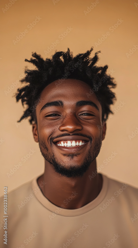 A front portrait of a young African man, smiling, centered, short curly black hair, dark brown skin, plain beige background A front portrait of a young African man, smiling, centered, short curly black hair, dark brown skin, plain beige background