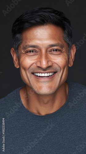 A front portrait of a middle-aged Indian man, smiling, centered, short black hair