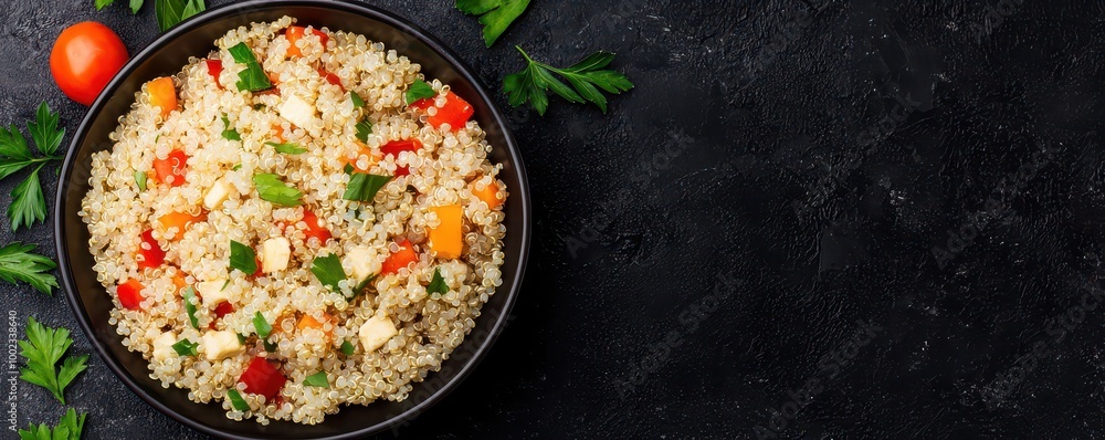 A vibrant bowl of colorful quinoa salad garnished with fresh herbs and vegetables, set against a dark background. A vibrant bowl of colorful quinoa salad garnished with fresh herbs and vegetables, set against a dark background.