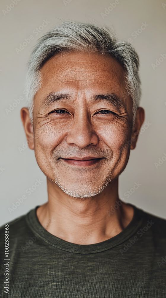 A front portrait of an elderly Asian man, smiling, centered in the frame, short silver hair A front portrait of an elderly Asian man, smiling, centered in the frame, short silver hair
