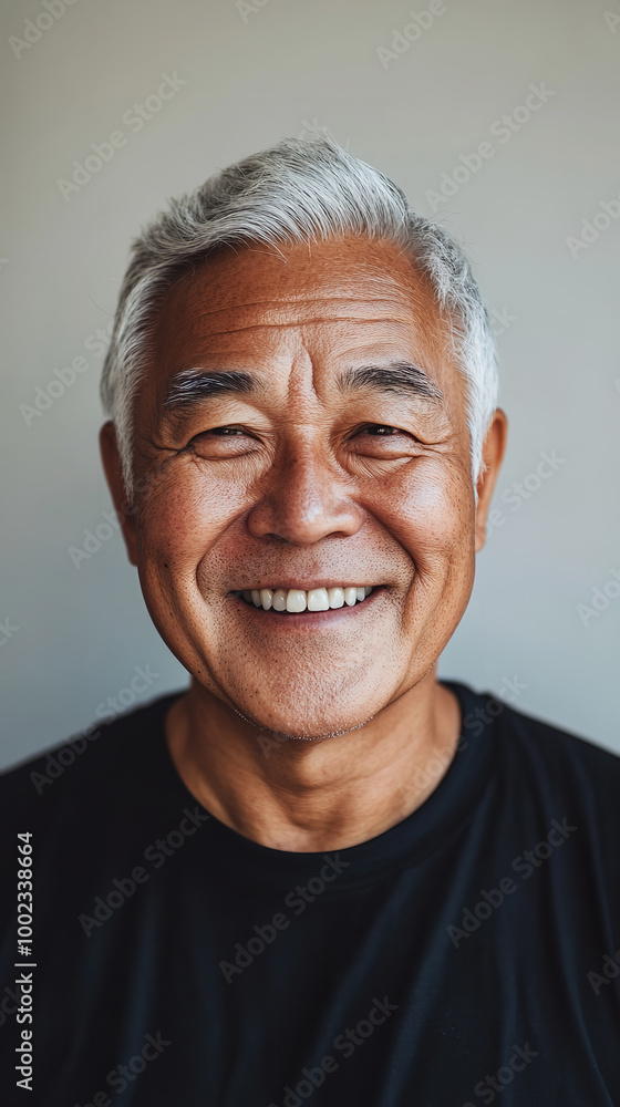 A front portrait of an elderly Asian man, smiling, centered in the frame, short silver hair A front portrait of an elderly Asian man, smiling, centered in the frame, short silver hair