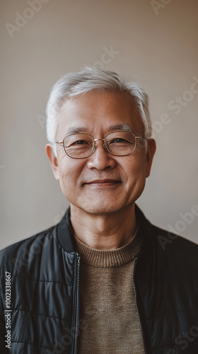 A front portrait of an elderly Asian man, smiling, centered in the frame, short silver hair photo